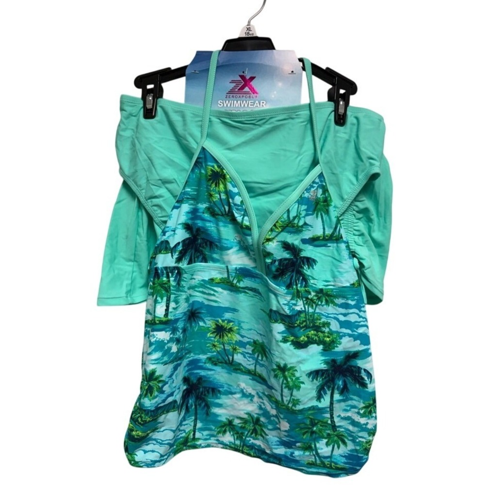 ZeroXposur 3 Piece Tankini Swimsuit Set Tropical Palm Print Teal XL 18.5 Plus - Picture 2 of 8